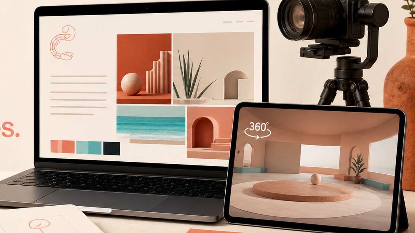 Conceptual real estate virtual experience shown on a computer, tablet and phone